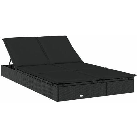 Transat chaise longue bain de soleil lit de jardin terrasse meuble d'extérieur à 2 places avec coussins noir résine tressée