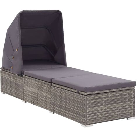 Transat chaise longue bain de soleil lit de jardin terrasse meuble d'extérieur avec auvent et coussin résine tressée gris