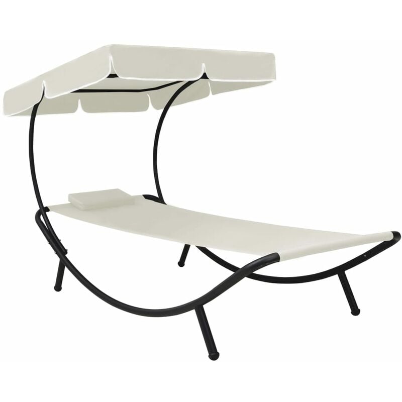 Helloshop26 - Transat chaise longue bain de soleil lit de jardin terrasse meuble d'extérieur avec auvent et oreiller blanc crème - Blanc