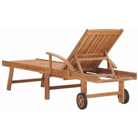 Transat chaise longue bain de soleil lit de jardin terrasse meuble d'extérieur avec coussin crème bois de teck solide