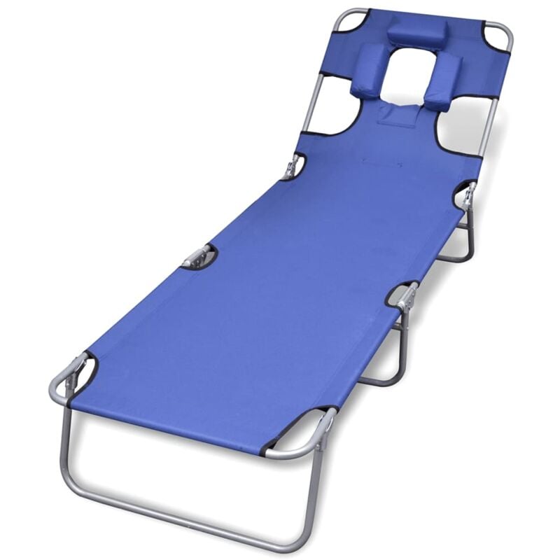Helloshop26 - Transat chaise longue bain de soleil lit de jardin terrasse meuble d'extérieur avec coussin de tête acier enduit de poudre bleu - Bleu