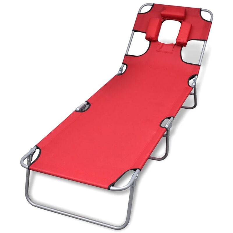 Helloshop26 - Transat chaise longue bain de soleil lit de jardin terrasse meuble d'extérieur avec coussin de tête acier enduit de poudre rouge - Rouge