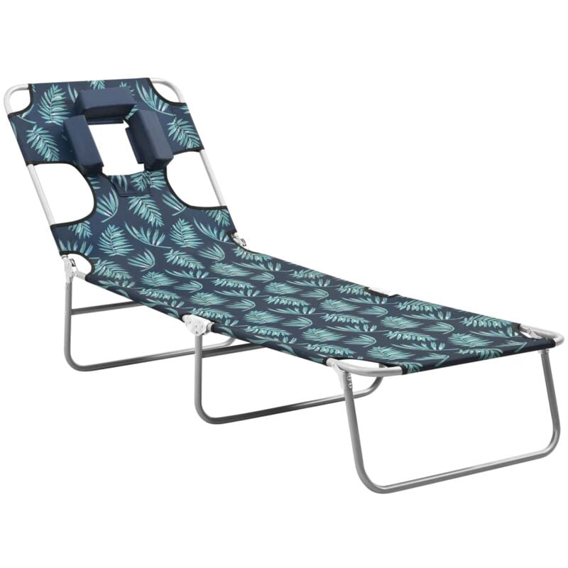 Helloshop26 - Transat chaise longue bain de soleil lit de jardin terrasse meuble d'extérieur avec coussin de tête acier motif de feuilles