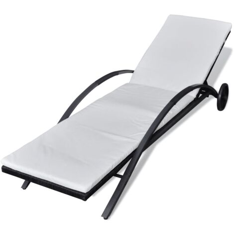 Transat chaise longue bain de soleil lit de jardin terrasse meuble d'extérieur avec coussin et roues résine tressée noir