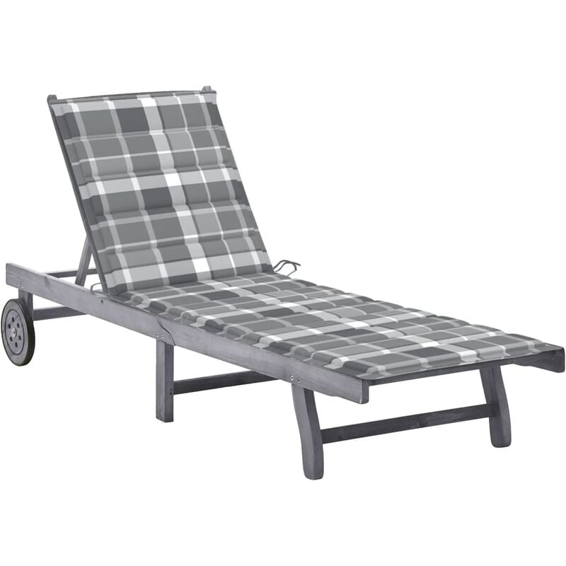 Helloshop26 - Transat chaise longue bain de soleil lit de jardin terrasse meuble d'extérieur avec coussin gris bois d'acacia solide - Bois