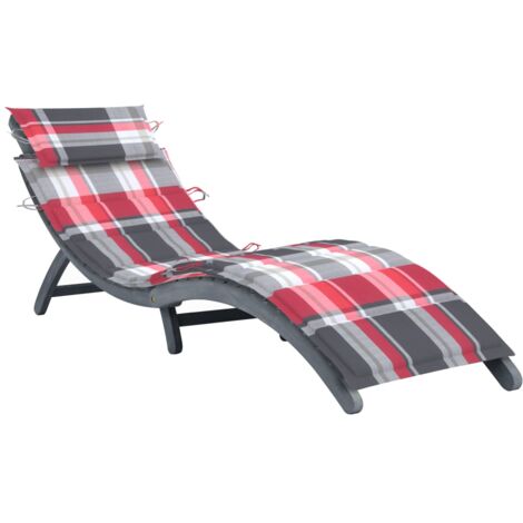 Transat chaise longue bain de soleil lit de jardin terrasse meuble d'extérieur avec coussin gris bois d'acacia solide