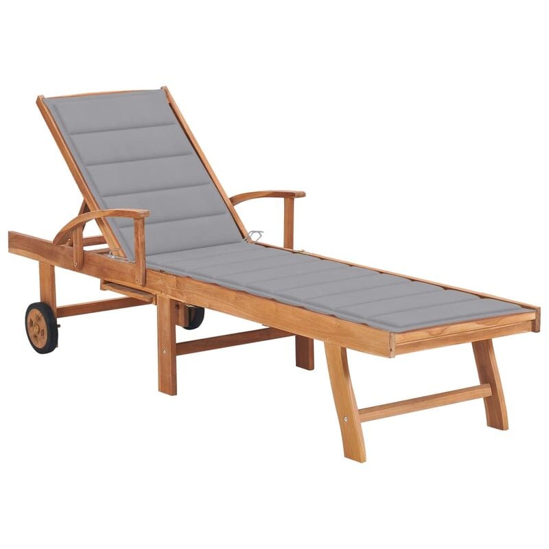 Helloshop26 - Transat chaise longue bain de soleil lit de jardin terrasse meuble d'extérieur avec coussin gris bois de teck solide