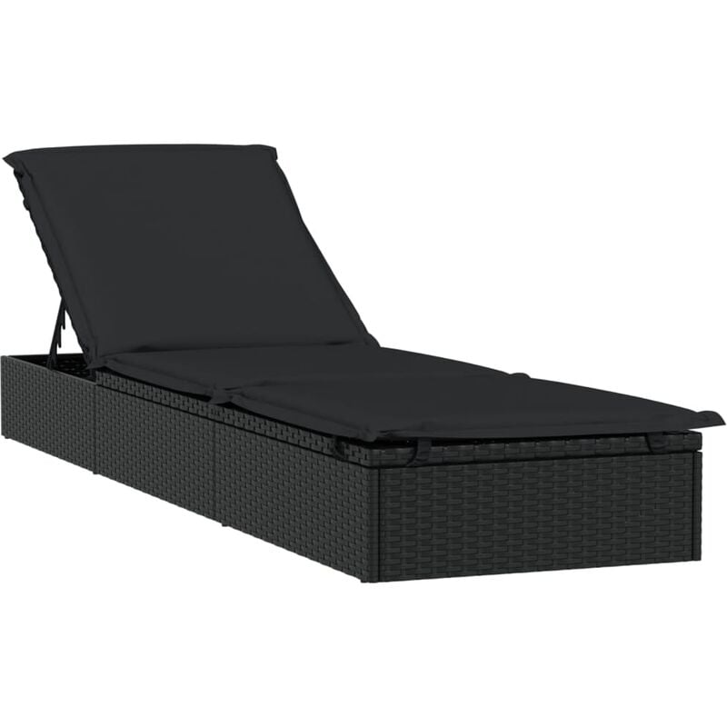 Transat chaise longue bain de soleil lit de jardin terrasse meuble d'extérieur avec coussin noir 201x55x62 cm résine tressée - Noir