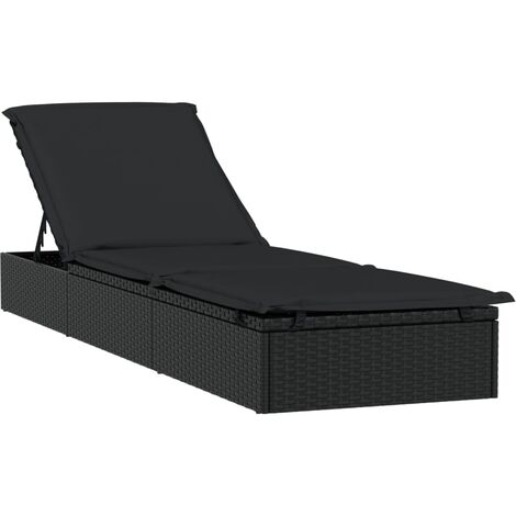 Transat chaise longue bain de soleil lit de jardin terrasse meuble d'extérieur avec coussin noir 201x55x62 cm résine tressée