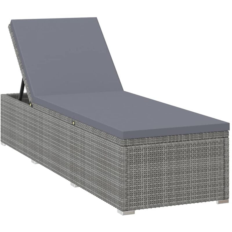 Transat chaise longue bain de soleil lit de jardin terrasse meuble d'extérieur avec coussin résine tressée gris