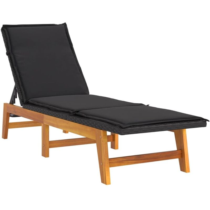 Transat chaise longue bain de soleil lit de jardin terrasse meuble d'extérieur avec coussin résine tressée/bois massif d'acacia
