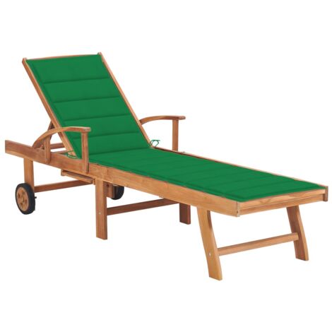Transat chaise longue bain de soleil lit de jardin terrasse meuble d'extérieur avec coussin vert bois de teck solide