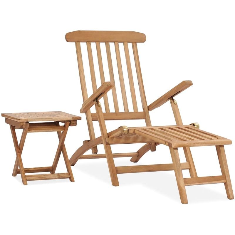 Transat chaise longue bain de soleil lit de jardin terrasse meuble d'extérieur avec repose-pied et table 159 x 58 x 91 cm bois de teck - Bois