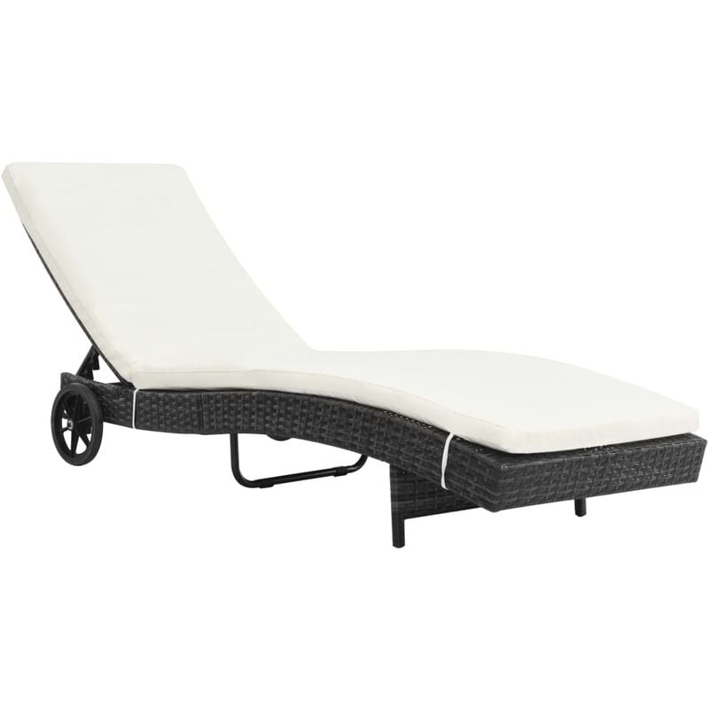 Helloshop26 - Transat chaise longue bain de soleil lit de jardin terrasse meuble d'extérieur avec roues et coussin résine tressée noir - Noir