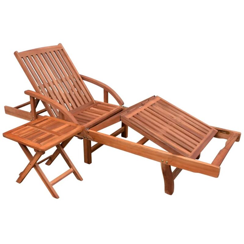 Transat chaise longue bain de soleil lit de jardin terrasse meuble d'extérieur avec table bois d'acacia solide - Bois