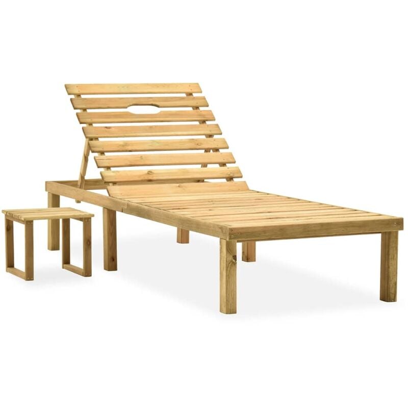 Transat chaise longue bain de soleil lit de jardin terrasse meuble d'extérieur avec table bois de pin imprégné - Bois