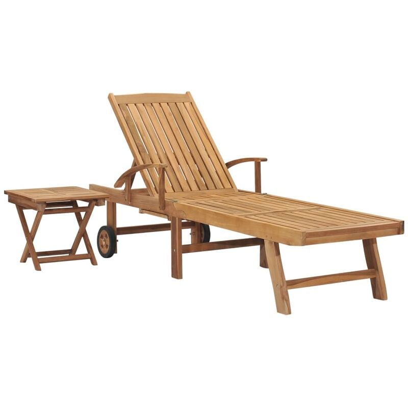 Helloshop26 - Transat chaise longue bain de soleil lit de jardin terrasse meuble d'extérieur avec table bois de teck solide