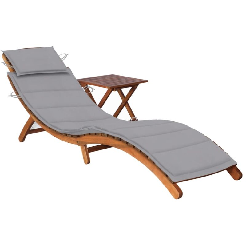 Helloshop26 - Transat chaise longue bain de soleil lit de jardin terrasse meuble d'extérieur avec table et coussin bois d'acacia