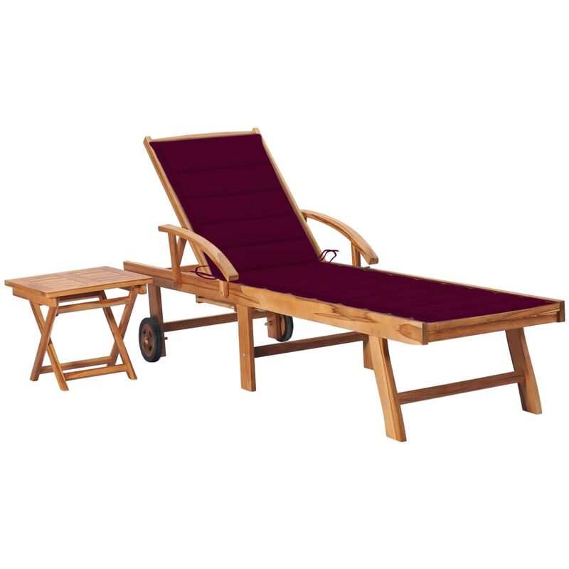 Helloshop26 - Transat chaise longue bain de soleil lit de jardin terrasse meuble d'extérieur avec table et coussin bois de teck solide
