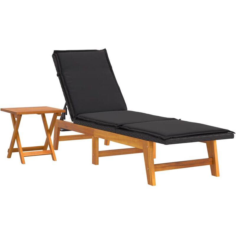 Transat chaise longue bain de soleil lit de jardin terrasse meuble d'extérieur avec table résine tressée et bois massif d'acacia - Bois