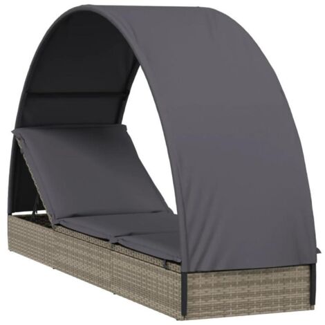 Transat chaise longue bain de soleil lit de jardin terrasse meuble d'extérieur avec toit rond 211 x 57 x 140 cm résine tressée gris
