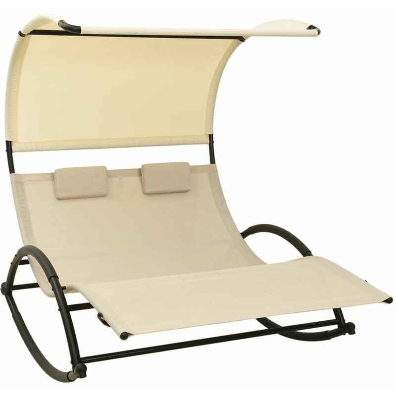 Transat chaise longue bain de soleil lit de jardin terrasse meuble d'extérieur double avec auvent textilène crème - Crème