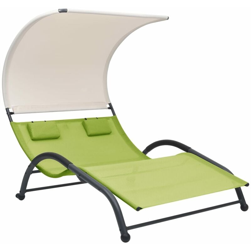 Helloshop26 - Transat chaise longue bain de soleil lit de jardin terrasse meuble d'extérieur double avec auvent textilène vert - Vert