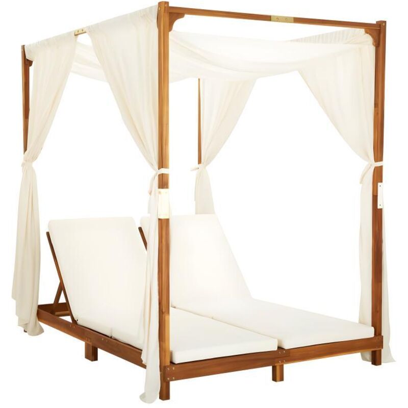 Transat chaise longue bain de soleil lit de jardin terrasse meuble d'extérieur double avec rideaux et coussins bois d'acacia
