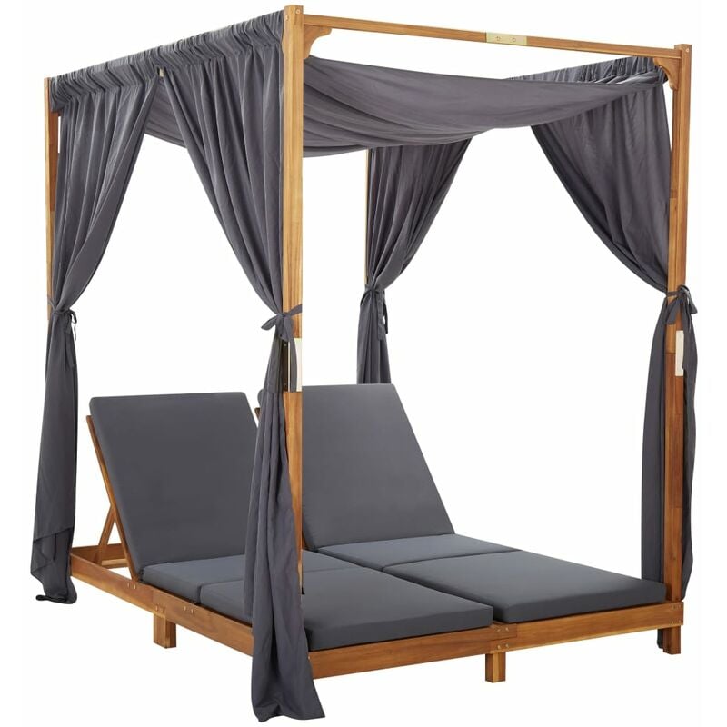 Helloshop26 - Transat chaise longue bain de soleil lit de jardin terrasse meuble d'extérieur double avec rideaux et coussins bois d'acacia - Bois