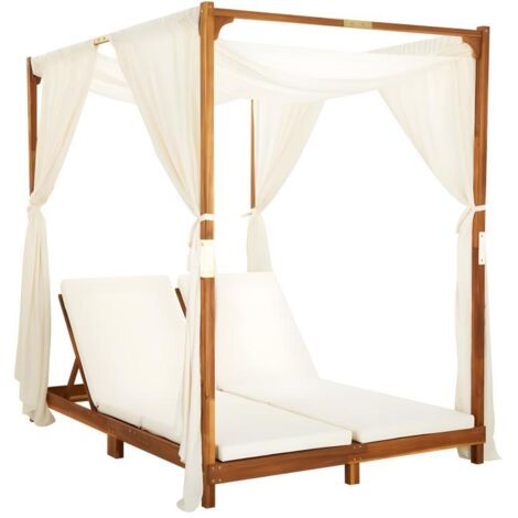 Transat chaise longue bain de soleil lit de jardin terrasse meuble d'extérieur double avec rideaux et coussins bois d'acacia