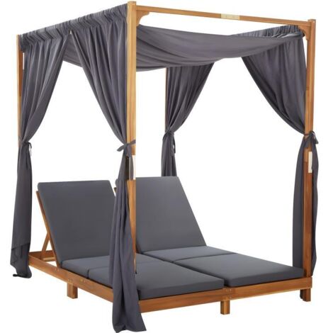Transat chaise longue bain de soleil lit de jardin terrasse meuble d'extérieur double avec rideaux et coussins bois d'acacia