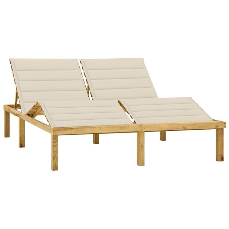 Helloshop26 - Transat chaise longue bain de soleil lit de jardin terrasse meuble d'extérieur double et coussins crème bois de pin imprégné - Bois