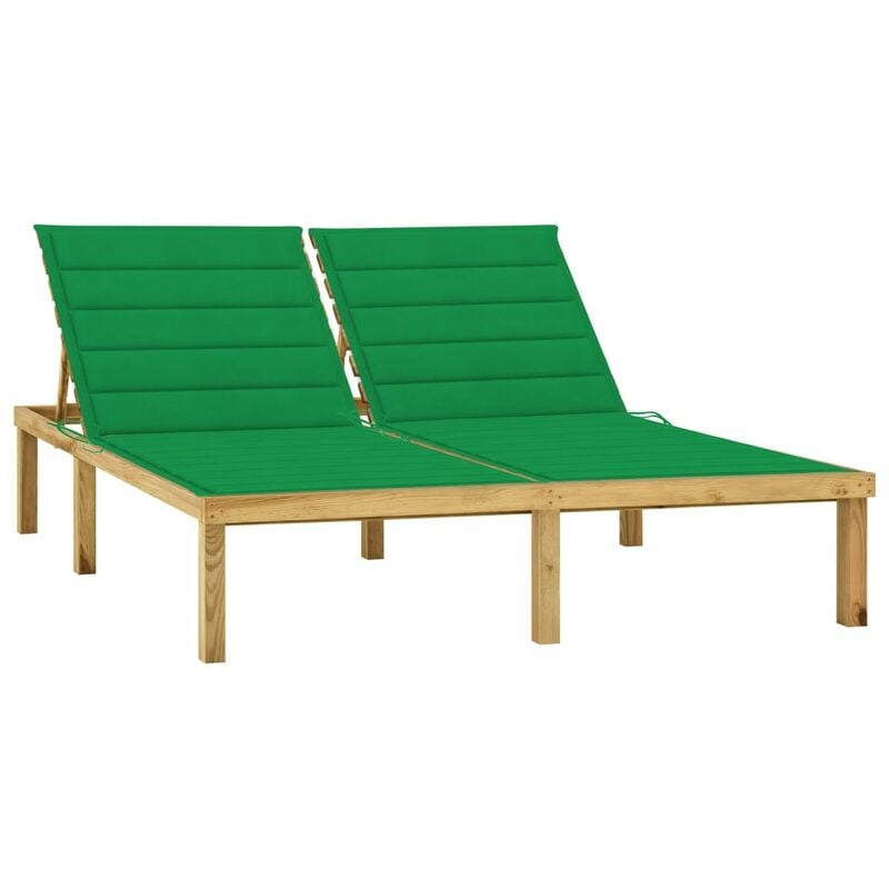 Transat chaise longue bain de soleil lit de jardin terrasse meuble d'extérieur double et coussins vert bois de pin imprégné