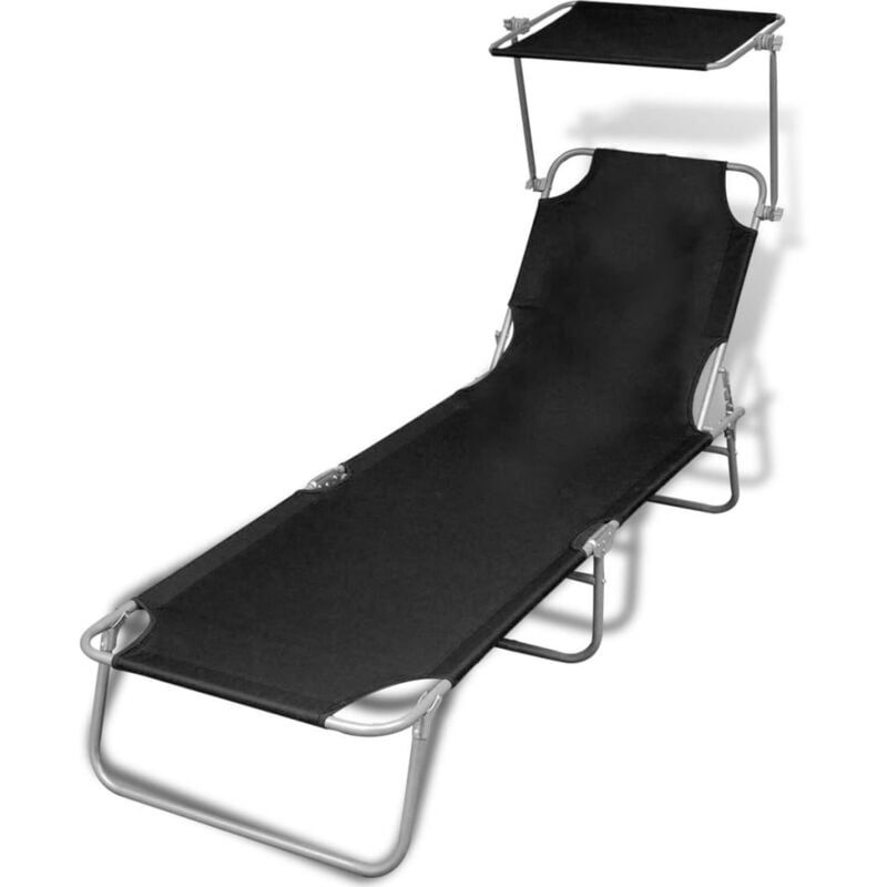 Helloshop26 - Transat chaise longue bain de soleil lit de jardin terrasse meuble d'extérieur pliable avec auvent acier et tissu noir