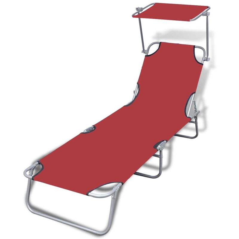 Helloshop26 - Transat chaise longue bain de soleil lit de jardin terrasse meuble d'extérieur pliable avec auvent acier et tissu rouge