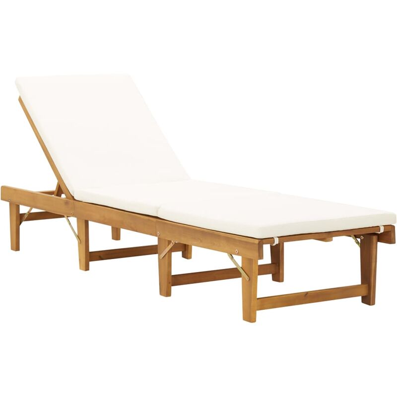 Transat chaise longue bain de soleil lit de jardin terrasse meuble d'extérieur pliante avec coussin bois d'acacia solide - Bois