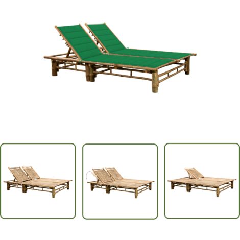 Transat chaise longue bain de soleil lit de jardin terrasse meuble d'extérieur pour 2 personnes avec coussins bambou