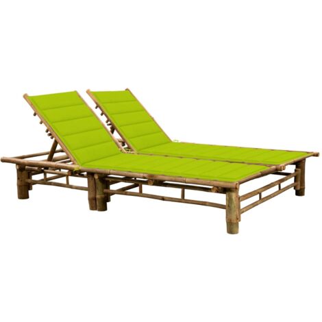 Transat chaise longue bain de soleil lit de jardin terrasse meuble d'extérieur pour 2 personnes avec coussins bambou