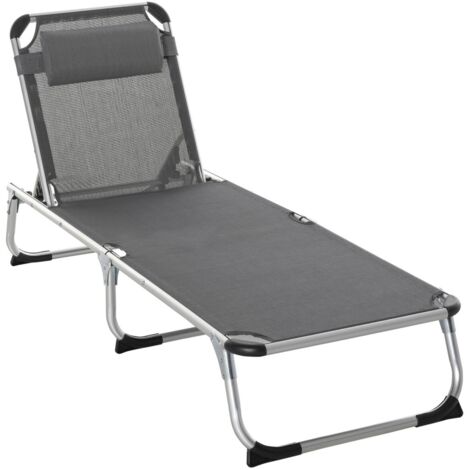 Transat chilienne tissu aluminium 5 positions - Chaise longue de jardin relaxation pliable ergonomique - Mail, 165 x 60 x 76 cm - gris