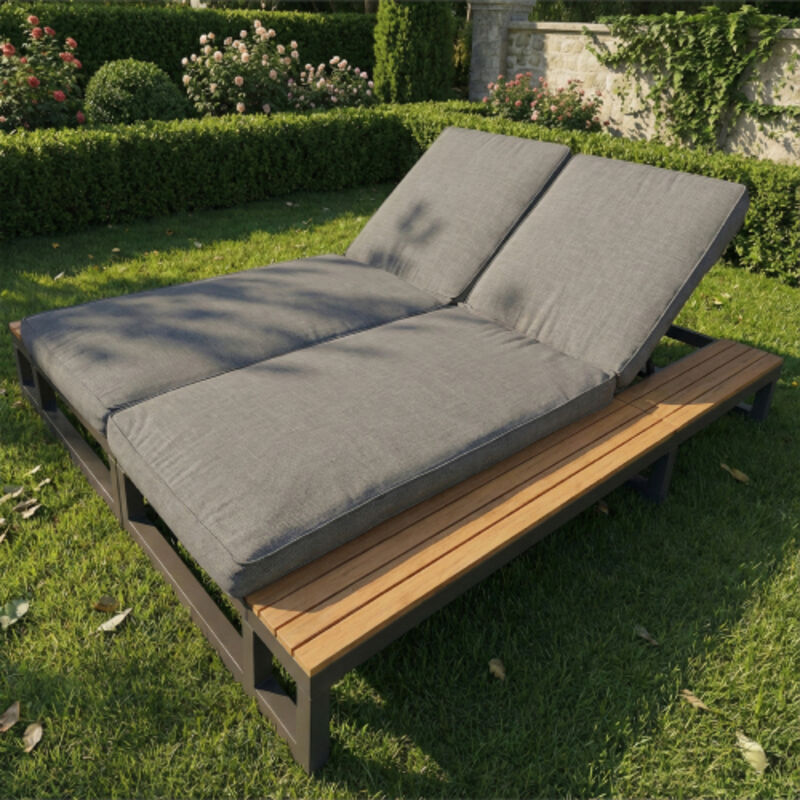 Transat double gris, dossier réglable 4 positions, cadre en acier antirouille, coussin déperlant, avec étagères