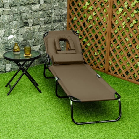 Transat de Jardin Chaise Longue Pliante Bain de Soleil avec Appuie-tête. Trou de lecture et Dossier Inclinable. Marron