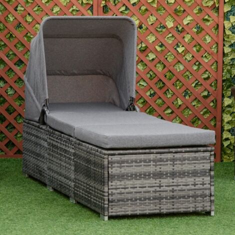 Transat de jardin en polyrotin gris avec pare-soleil et coussin inclus, dossier réglable multi-positions, résistant aux intempéries et anti-UV, dimensions 195 x 65 x 40 cm