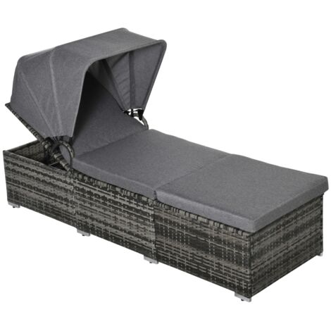 Transat de jardin réglable en polyrotin avec pare-soleil et coussin 195 x 65 x 40 cm gris