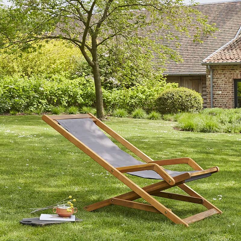 Transat gris en acacia massif et tissu - Gris