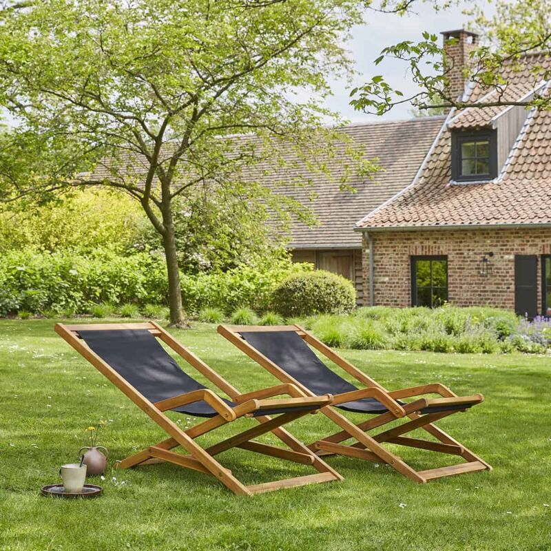 Transat en bois d'acacia et tissu (lot de 2) - Noir
