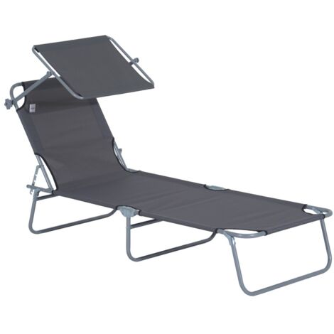 Transat et chaise longue pliable avec protection solaire-Gris-Idéal plage et terrasse-187x58x36 cm