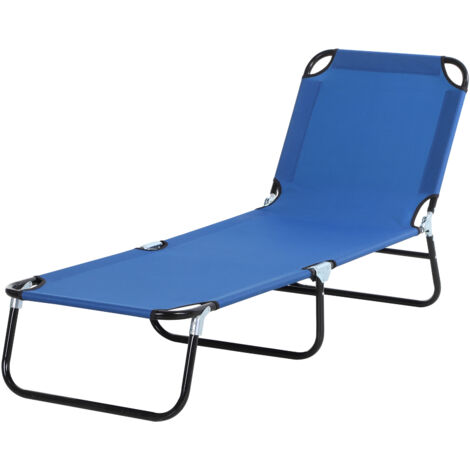 Transat inclinable pliable Outsunny avec 5 positions réglables, idéal pour le jardin, la piscine, la terrasse et le camping. Charge maximale : 120 kg. Dimensions : 188 x 56 x 28 cm. Couleur : bleu.