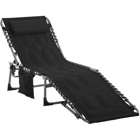 Transat pliable avec coussin, dossier réglable 5 positions, structure acier tissu Oxford noir 188x57x30 cm, chaise longue jardin terrasse portable et confortable