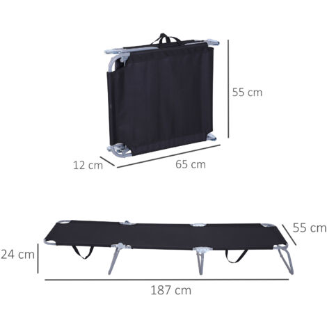 Transat pliable avec dossier réglable et structure métallique antirouille, 187 x 55 x 24 cm, noir