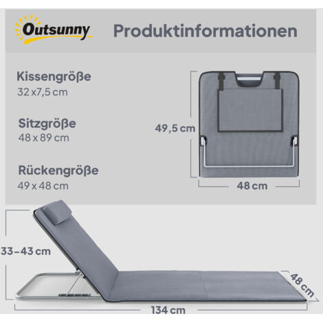 Transat pliable, chaise longue de jardin avec appui-tête, tapis de plage avec dossier réglable 5 positions, chaise longue de plage avec sac de transport pour jardin, vacances, plage, piscine, gris